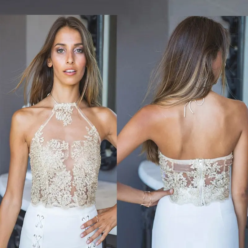 Y Women's Tops Elegant Lace White Gold Crop Top Beach Backless Halter Tops Sexy Women Tank Top 4