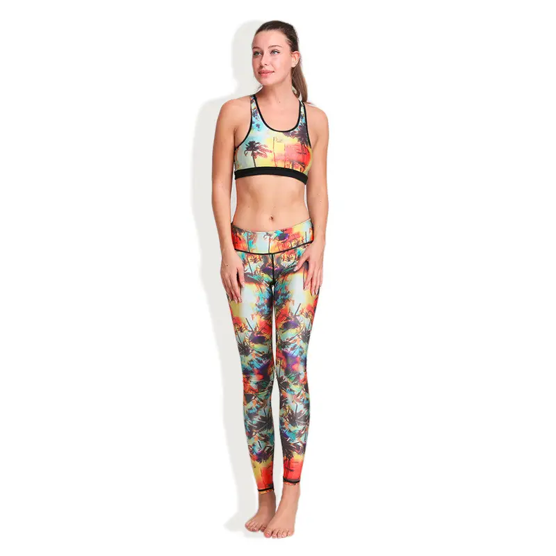 Yoga Colorful Tank Vest Tree Sunset 3D Digital Printing Elastic Capris Breathable Girl Sports Yoga Legging Suits 1