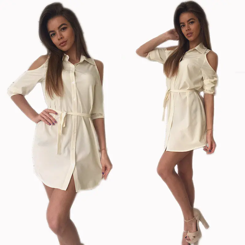 Young Ladies' Off Shoulder Shirt Dress Three Quarter Turn Down Collar Solid Slim Fit Mini Dress Vestdiso Plus Size Lx227 1