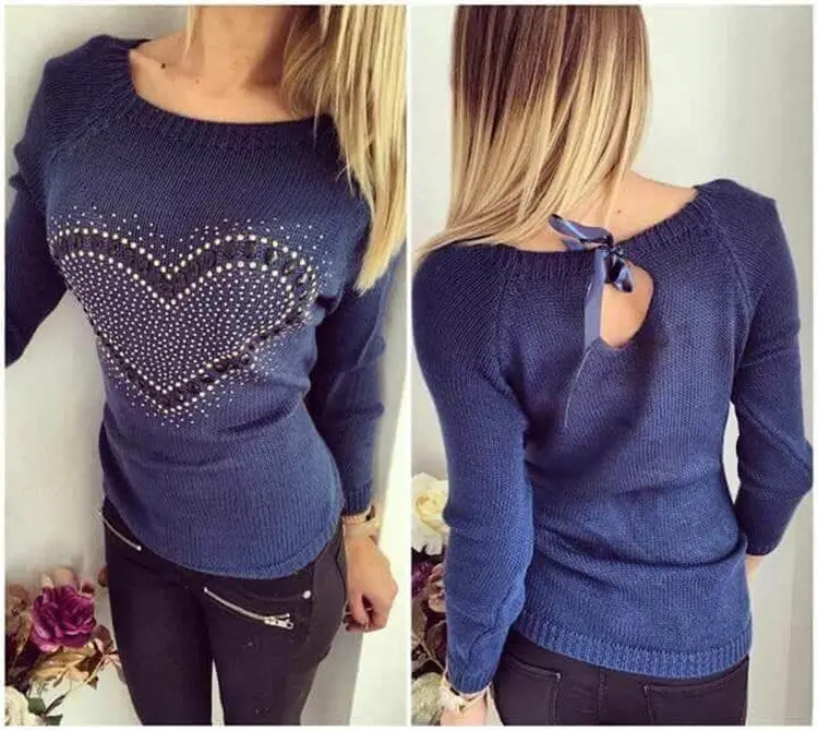 Young Ladies' Sweet Heart Pachwork Solid O Neck Long Sleeves Pullovers Knitted Sweater With Back Bow Tops 1