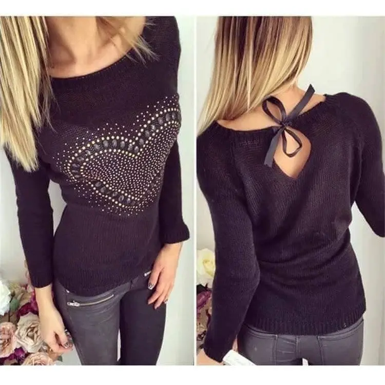 Young Ladies' Sweet Heart Pachwork Solid O Neck Long Sleeves Pullovers Knitted Sweater With Back Bow Tops 5