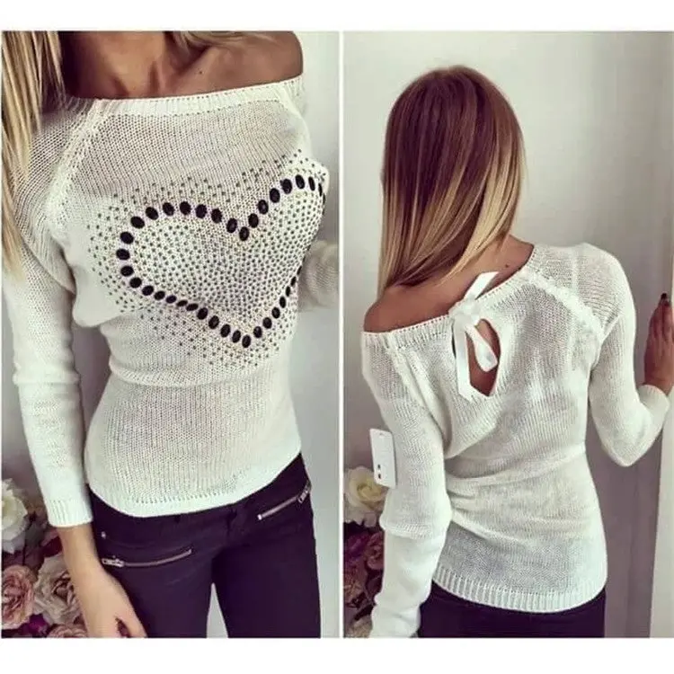 Young Ladies' Sweet Heart Pachwork Solid O Neck Long Sleeves Pullovers Knitted Sweater With Back Bow Tops 6