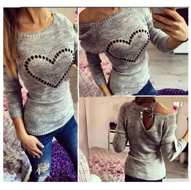 Young Ladies' Sweet Heart Pachwork Solid O Neck Long Sleeves Pullovers Knitted Sweater With Back Bow Tops 7