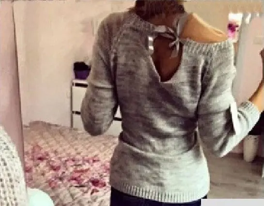 Young Ladies' Sweet Heart Pachwork Solid O Neck Long Sleeves Pullovers Knitted Sweater With Back Bow Tops 8