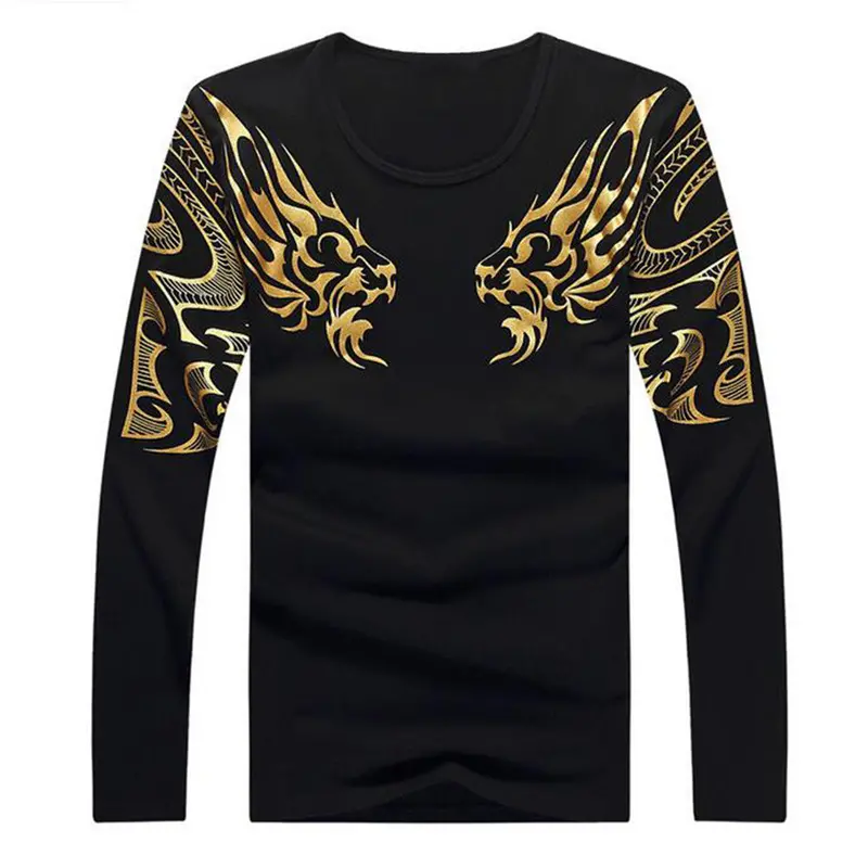 Youngo-Neck Trend Long Sleeveslim Fit Cotton Dragon Pattern Printed Casual Tops T-Shirt 6