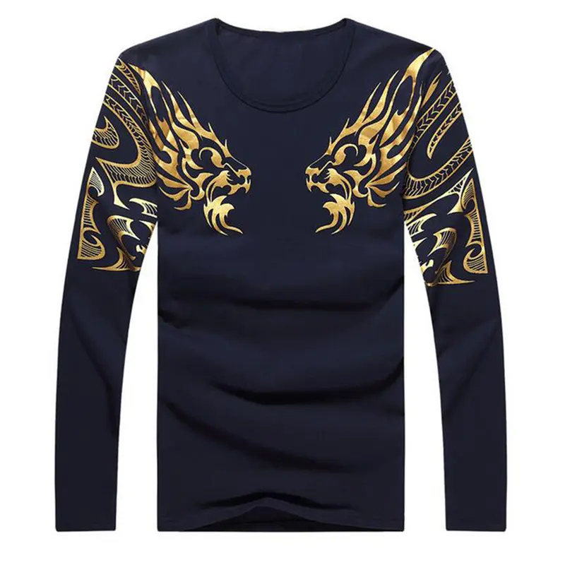 Youngo-Neck Trend Long Sleeveslim Fit Cotton Dragon Pattern Printed Casual Tops T-Shirt 7