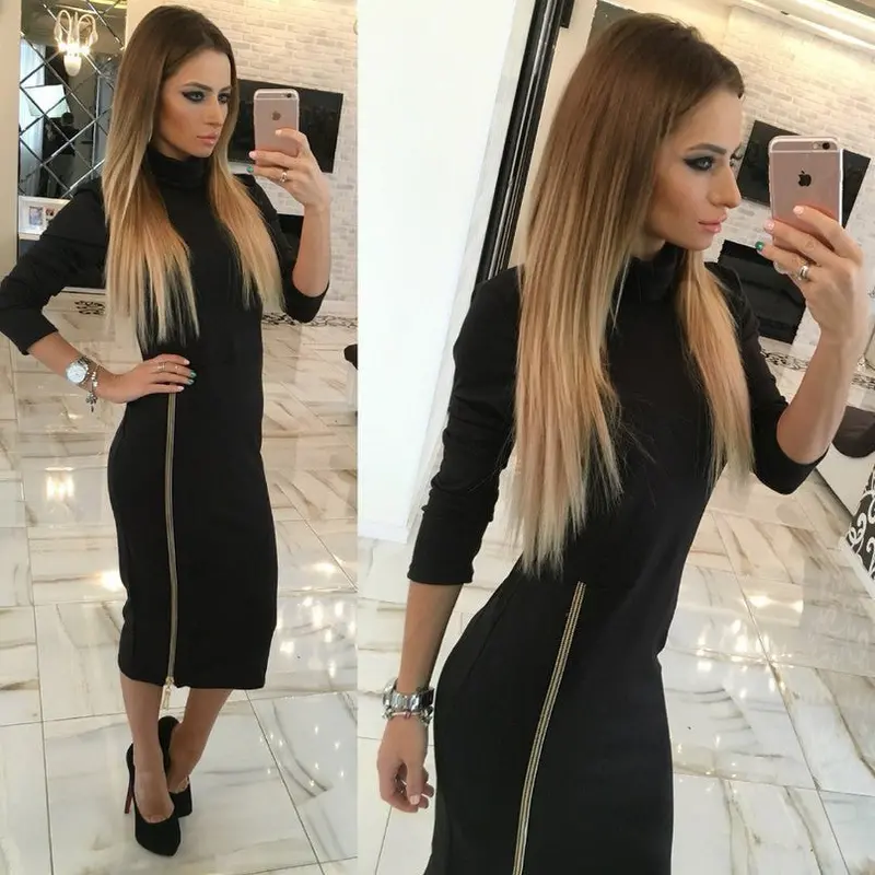 Zippers Side Split Sexy Bodycon Sheath Dress Women Midi Dresses Solid Long Sleeve Femme Pencil Tight Dress Gv324 1