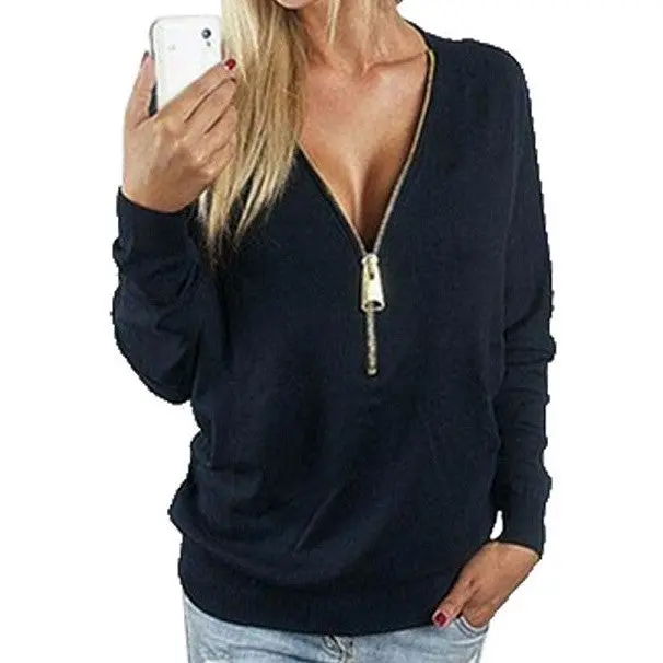 Zippersexy Deep V-Neck Bat Long Sleeve Zip Loose Pullover Tops Shirt 1
