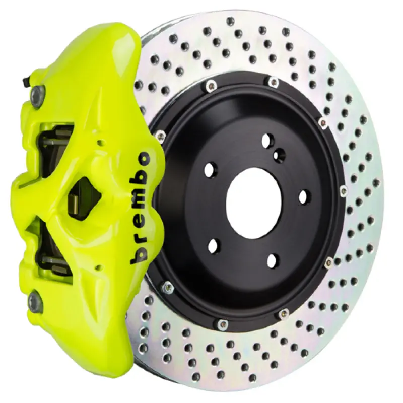 Brembo Gt Rear Big Brake Kit For 2007–2013 Bmw X5 — 380X28Mm Drilled Rotors, Fluorescent Yellow Calipers 1