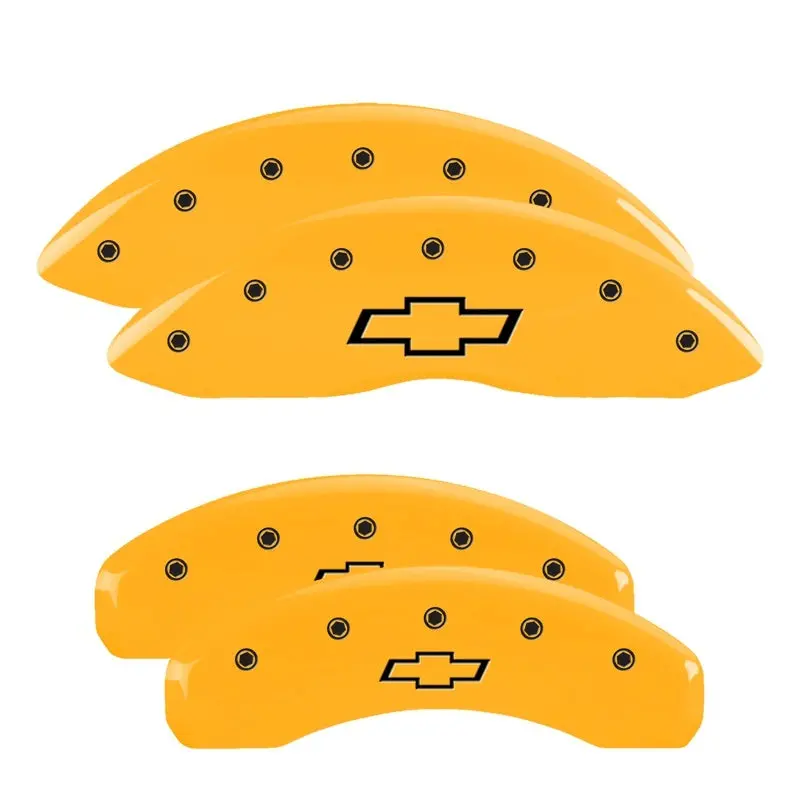 Mgp Engraved 4-Piston Caliper Covers – Front & Rear Bowtie Design With Yellow Finish And Black Chrome Accents 1